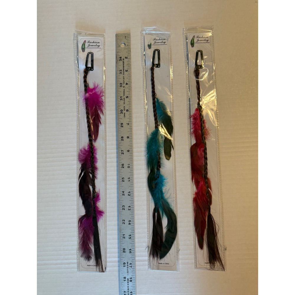 Vintage 1990s NOS Feather Hair Extensions Clips Set of 3 Pink Teal Red Boho